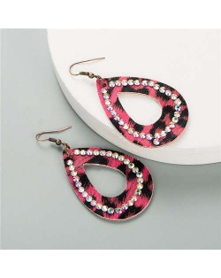 Rhinestone Rimmed Creative Hollow Waterdrop Design PU Women Costume Earrings - Rose