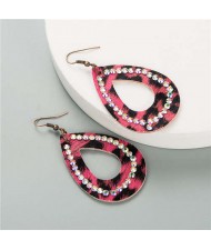 Rhinestone Rimmed Creative Hollow Waterdrop Design PU Women Costume Earrings - Rose