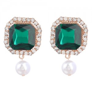 Pearl and Glass Gem Combo Design Hot Sales Women Western Fashion Stud Earrings - Green