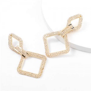 Rhinestone Embellished Rhombus Shape Korean High Fashion Women Wholesale Earrings - Golden