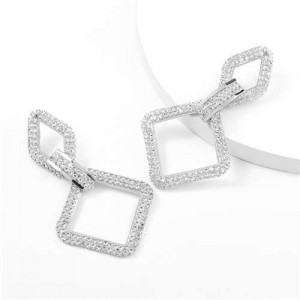 Rhinestone Embellished Rhombus Shape Korean High Fashion Women Wholesale Earrings - Silver