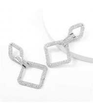 Rhinestone Embellished Rhombus Shape Korean High Fashion Women Wholesale Earrings - Silver
