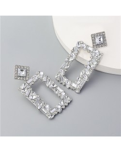Glass Gem Embellished Hollow Graceful Rectangle Shoulder-duster Banquet Fashion Earrings - Silver