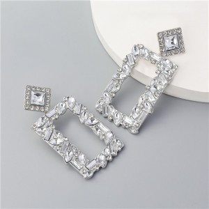 Glass Gem Embellished Hollow Graceful Rectangle Shoulder-duster Banquet Fashion Earrings - Silver