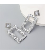Glass Gem Embellished Hollow Graceful Rectangle Shoulder-duster Banquet Fashion Earrings - Silver