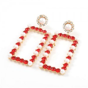Rhinestone and Pearl Embellished Large Rectangle Women Wholesale Fashion Earrings - Red