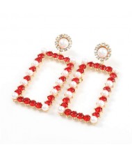 Rhinestone and Pearl Embellished Large Rectangle Women Wholesale Fashion Earrings - Red
