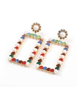 Rhinestone and Pearl Embellished Large Rectangle Women Wholesale Fashion Earrings - Multicolor
