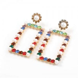 Rhinestone and Pearl Embellished Large Rectangle Women Wholesale Fashion Earrings - Multicolor