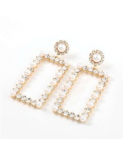 Rhinestone and Pearl Embellished Large Rectangle Women Wholesale Fashion Earrings - Golden