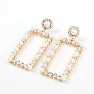 Rhinestone and Pearl Embellished Large Rectangle Women Wholesale Fashion Earrings - Golden