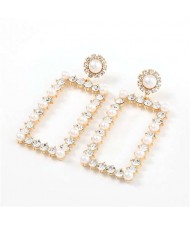 Rhinestone and Pearl Embellished Large Rectangle Women Wholesale Fashion Earrings - Golden
