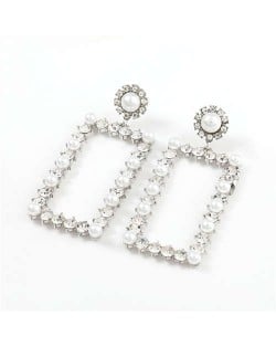 Rhinestone and Pearl Embellished Large Rectangle Women Wholesale Fashion Earrings - Silver