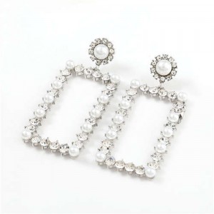 Rhinestone and Pearl Embellished Large Rectangle Women Wholesale Fashion Earrings - Silver