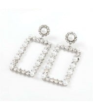 Rhinestone and Pearl Embellished Large Rectangle Women Wholesale Fashion Earrings - Silver