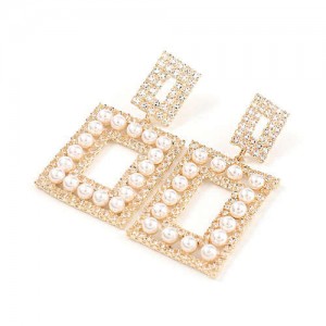 Pearl Inlaid Rhinestone Square Fashion Women Wholesale Costume Earrings - Golden
