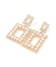 Pearl Inlaid Rhinestone Square Fashion Women Wholesale Costume Earrings - Golden