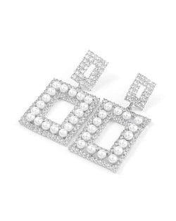 Pearl Inlaid Rhinestone Square Fashion Women Wholesale Costume Earrings - Silver