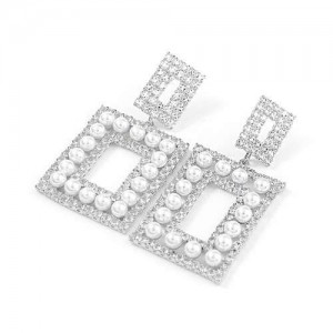 Pearl Inlaid Rhinestone Square Fashion Women Wholesale Costume Earrings - Silver