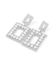 Pearl Inlaid Rhinestone Square Fashion Women Wholesale Costume Earrings - Silver
