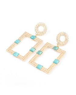 Rhinestone and Resin Gem Embellished Rectangle Korean Fashion Women Costume Earrings - Blue