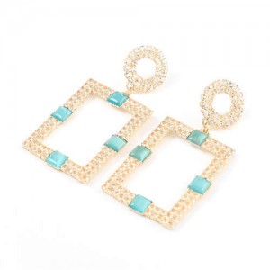 Rhinestone and Resin Gem Embellished Rectangle Korean Fashion Women Costume Earrings - Blue