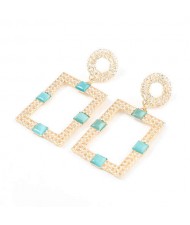 Rhinestone and Resin Gem Embellished Rectangle Korean Fashion Women Costume Earrings - Blue