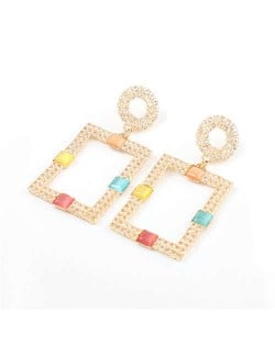 Rhinestone and Resin Gem Embellished Rectangle Korean Fashion Women Costume Earrings - Multicolor