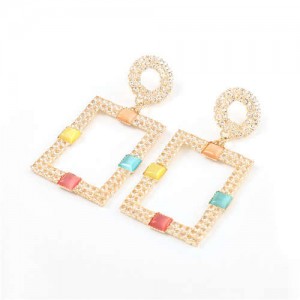 Rhinestone and Resin Gem Embellished Rectangle Korean Fashion Women Costume Earrings - Multicolor