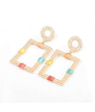 Rhinestone and Resin Gem Embellished Rectangle Korean Fashion Women Costume Earrings - Multicolor
