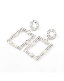 Rhinestone and Resin Gem Embellished Rectangle Korean Fashion Women Costume Earrings - Silver