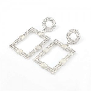 Rhinestone and Resin Gem Embellished Rectangle Korean Fashion Women Costume Earrings - Silver