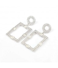 Rhinestone and Resin Gem Embellished Rectangle Korean Fashion Women Costume Earrings - Silver
