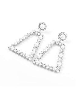 Pearl and Rhinestone Embellished Vintage Trapezoid Women Hollow Wholesale Earrings - Silver