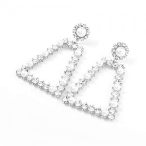 Pearl and Rhinestone Embellished Vintage Trapezoid Women Hollow Wholesale Earrings - Silver