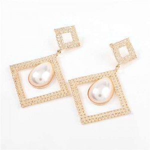Pearl Embellished Hollow Rhombus Shape Design Vintage Women Wholesale Fashion Earrings - Golden