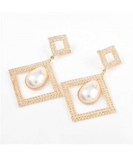 Pearl Embellished Hollow Rhombus Shape Design Vintage Women Wholesale Fashion Earrings - Golden