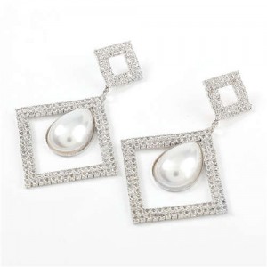 Pearl Embellished Hollow Rhombus Shape Design Vintage Women Wholesale Fashion Earrings - Silver