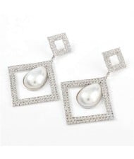 Pearl Embellished Hollow Rhombus Shape Design Vintage Women Wholesale Fashion Earrings - Silver