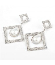 Pearl Embellished Hollow Rhombus Shape Design Vintage Women Wholesale Fashion Earrings - Silver