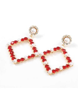 Pearl Inlaid Hollow Rhinestone Rhombus U.S. High Fashion Women Wholesale Earrings - Red