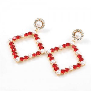 Pearl Inlaid Hollow Rhinestone Rhombus U.S. High Fashion Women Wholesale Earrings - Red