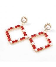 Pearl Inlaid Hollow Rhinestone Rhombus U.S. High Fashion Women Wholesale Earrings - Red