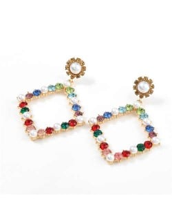 Pearl Inlaid Hollow Rhinestone Rhombus U.S. High Fashion Women Wholesale Earrings - Multicolor