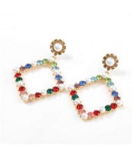 Pearl Inlaid Hollow Rhinestone Rhombus U.S. High Fashion Women Wholesale Earrings - Multicolor