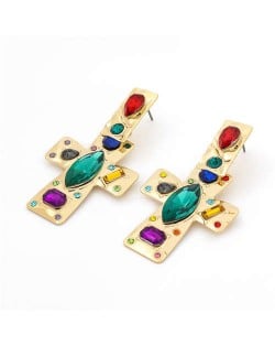 Colorful Assorted Gems Embellished Golden Bold Style Cross Design Women Wholesale Fashion Earrings