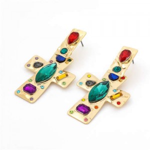 Colorful Assorted Gems Embellished Golden Bold Style Cross Design Women Wholesale Fashion Earrings