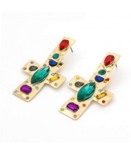 Colorful Assorted Gems Embellished Golden Bold Style Cross Design Women Wholesale Fashion Earrings