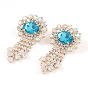 Gem Centered Floral Style Women Rhinestone Tassel Wholesale Earrings - Golden