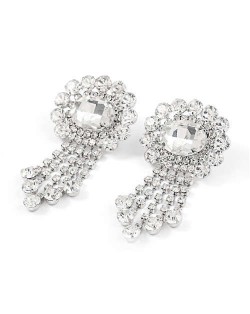 Gem Centered Floral Style Women Rhinestone Tassel Wholesale Earrings - Silver